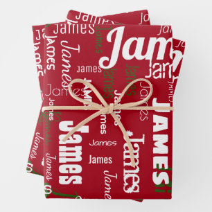Christmas Repeating Name Red White Green Gift Wrapping Paper Sheet