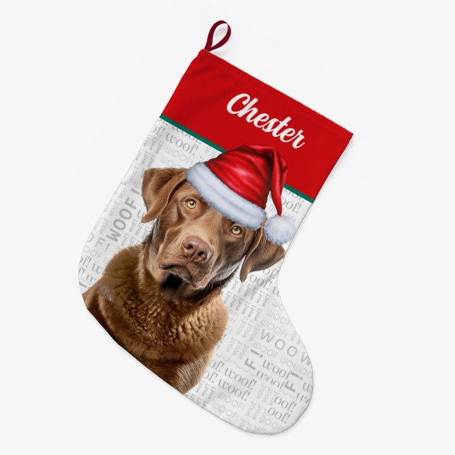 Christmas Retriever Dog with Name Woof Background Large Christmas Stocking (Front (Hanging))