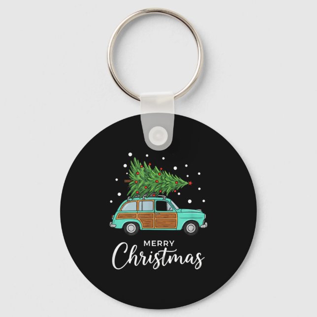 Christmas Retro Car With Christmas Tree - Merry Me Key Ring (Front)