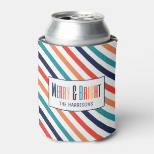 Christmas Retro Colourful Stripes Merry & Bright Can Cooler