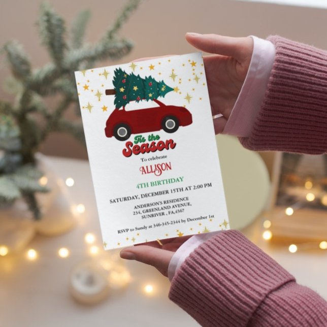 Christmas Retro Groovy red car birthday party Invitation (Creator Uploaded)
