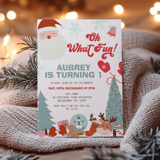 Christmas Retro Oh What Fun 1st Birthday  Invitation (Oh What Fun Christmas Birthday Invitation Template,  Retro Christmas 1st Birthday, Winter Holiday, )