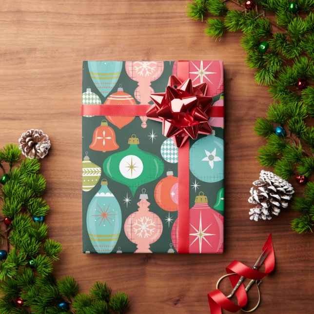 Christmas Retro Ornaments Green Wrapping Paper (Holiday Gift)
