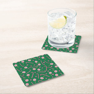 christmas retro pattern candycanes and lollipops square paper coaster
