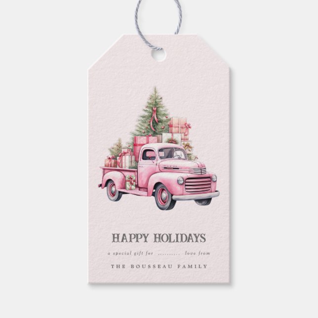 Christmas Retro Pink Truck Holiday Gift Tag (Front)