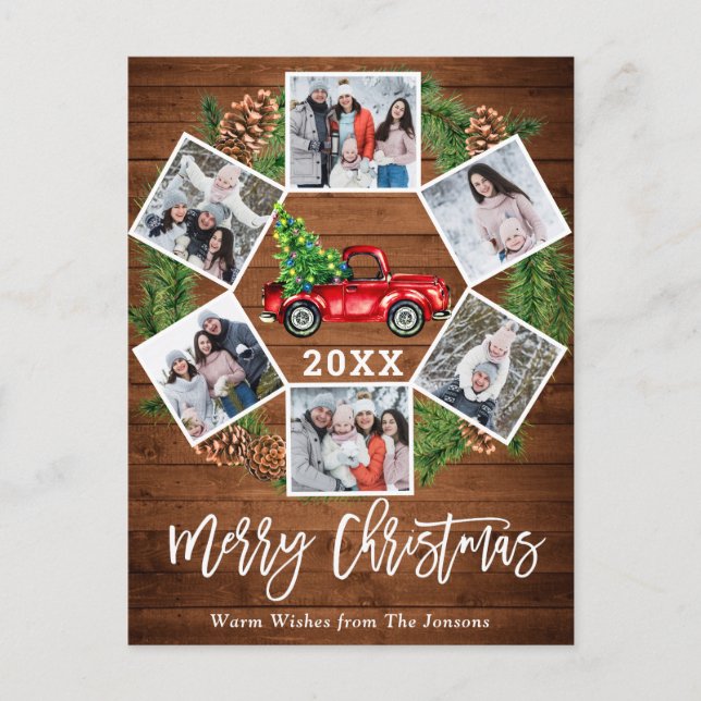 Christmas Retro Red Farm Truck Greeting 6 Photo Postcard (Front)