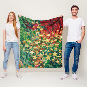 CHRISTMAS Retro Red Green Faux Gold Stars Fleece Blanket