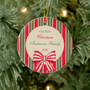 Christmas retro red green stripes with bow ceramic tree decoration