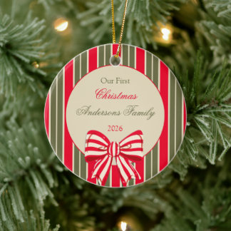 Christmas retro red green stripes with bow ceramic tree decoration