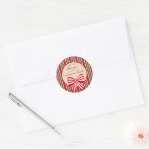 Christmas retro red green stripes with bow classic round sticker