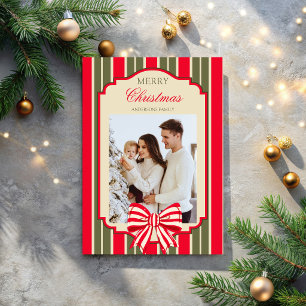 Christmas retro red green stripes with bow photo holiday card
