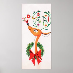 Christmas retro reindeer Holiday Vintage poster