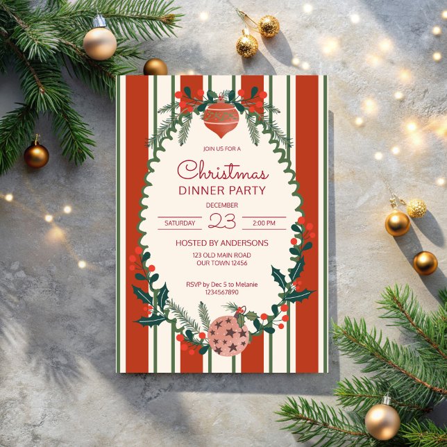Christmas retro stripes grandmilenial dinner party invitation (Christmas red retro stripes grand millennial dinner party invitation cards template)