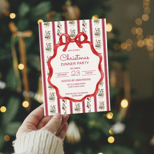Christmas retro stripes grandmilenial dinner party invitation (Christmas party retro stripes grandmilenial bow wavy border dinner party invitation cardds template)
