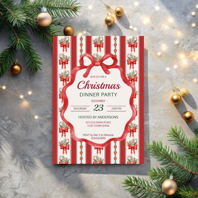 Christmas retro stripes grandmilenial dinner party invitation (Christmas dinner party invites retro grandmillenial stripes red dinner wavy bow border invites)