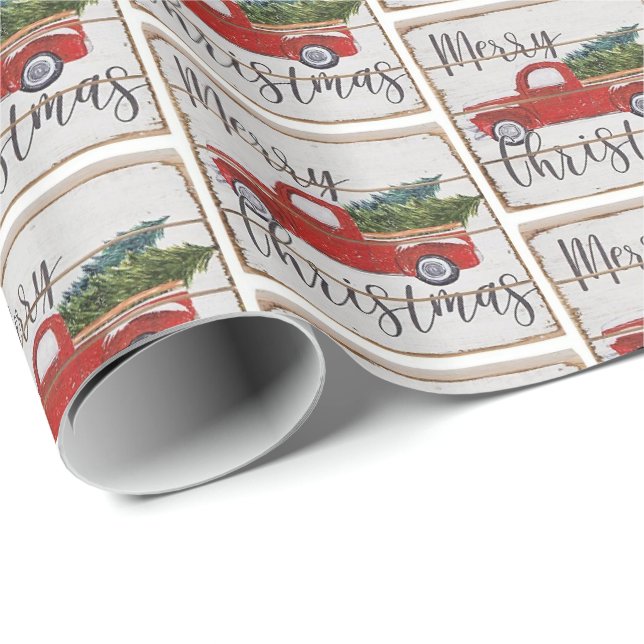 Christmas Retro Vintage Red Truck Trees Wrapping Paper (Roll Corner)