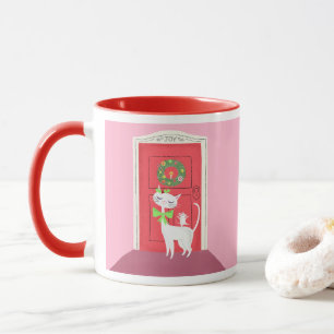 Christmas Retro White Cat and Mouse Pink Mug