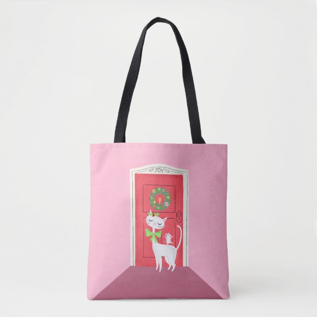 Christmas Retro White Cat and Mouse Pink Tote Bag (Front)