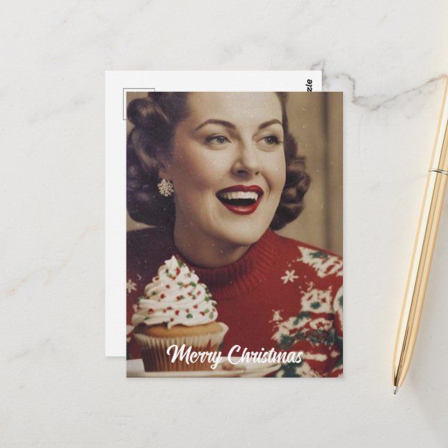 Christmas Retro Woman Postcard (Front/Back In Situ)