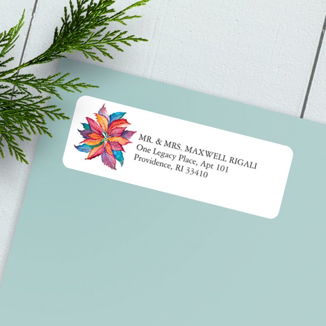 Christmas Return Address Labels Colourful Botanica (Christmas return address label colorful poinsettia art )