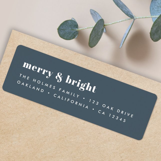 Christmas Return Address Labels | Merry & Bright (Personalize your envelopes with this bold smoke blue Christmas label)