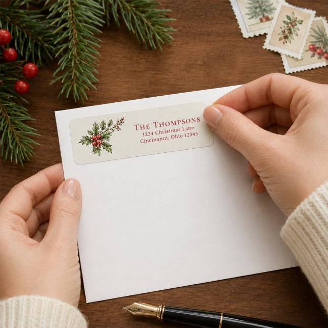 Christmas Return Address Red and Green Foliage (Elegant red and green foliage return address labels for festive Christmas mail.)
