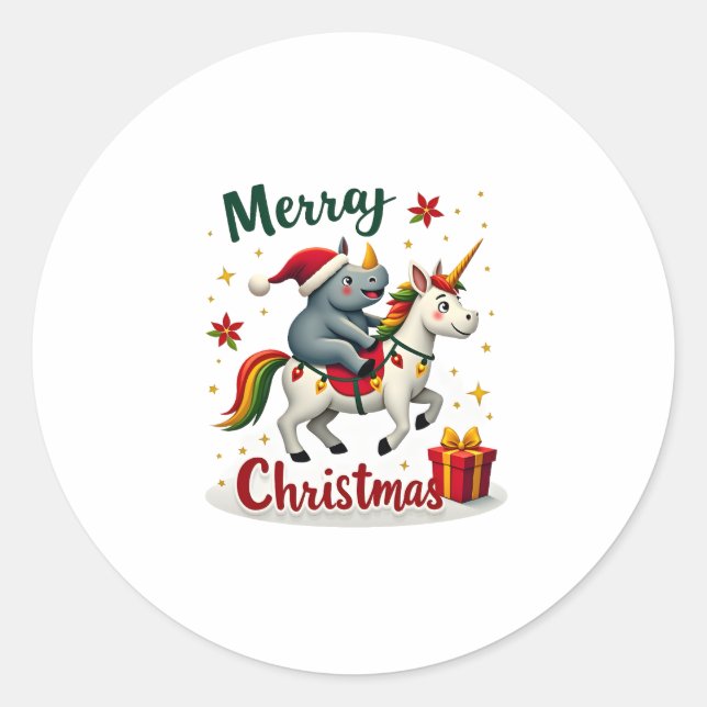 Christmas Rhino Merry Christmas Unicorn Rhino T-Sh Classic Round Sticker (Front)
