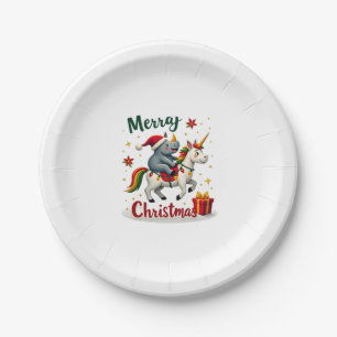 Christmas Rhino Merry Christmas Unicorn Rhino T-Sh Paper Plate