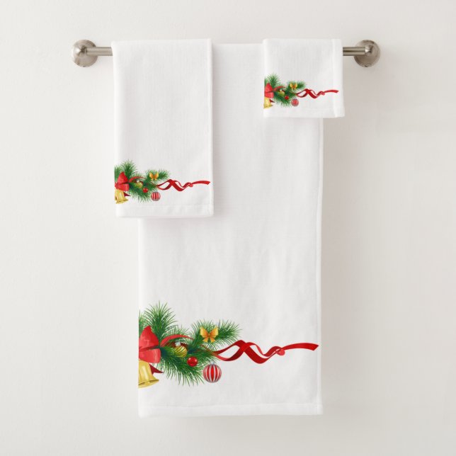 Christmas Ribbon and Holly Bath Towel Set (Insitu)