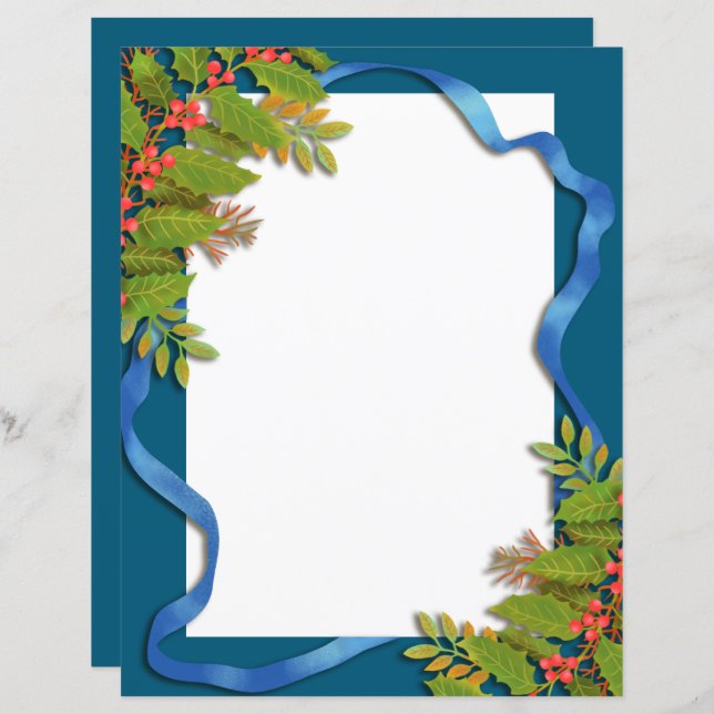 Christmas Ribbon Blue Stationery Paper (Front/Back)