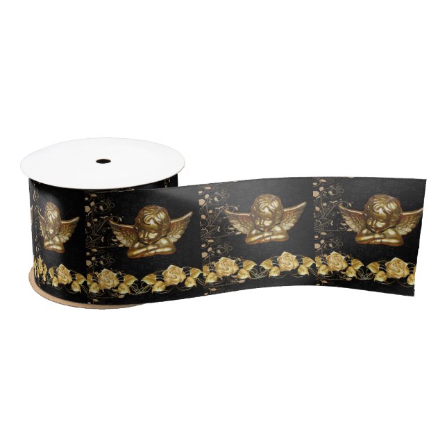 Christmas Ribbon, Merry Christmas Gold Angel Satin Ribbon (Spool)