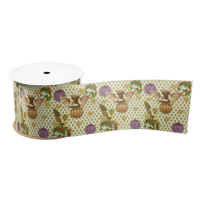 Christmas Ribbon, Merry Christmas Gold Angel Satin Ribbon (Spool)