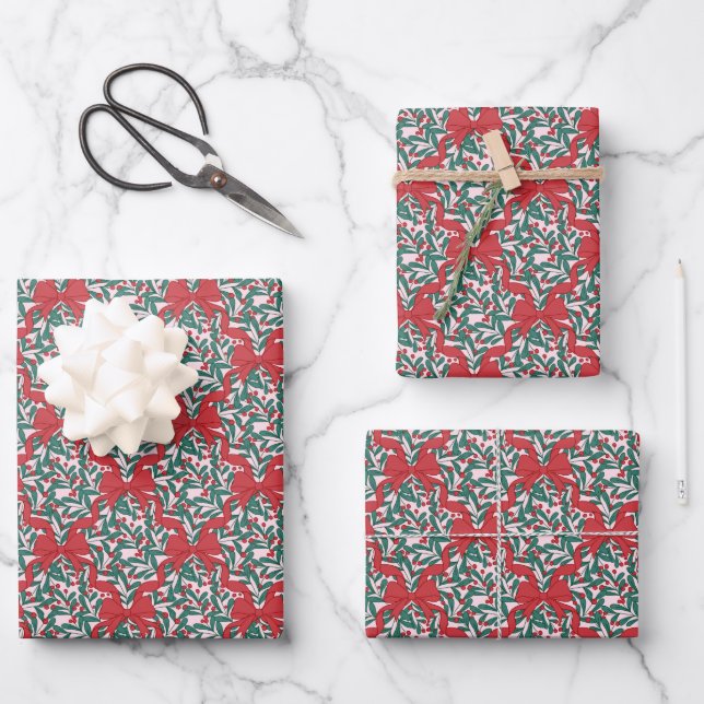 Christmas Ribbons and Berries on Pink Wrapping Paper Sheet (Front)