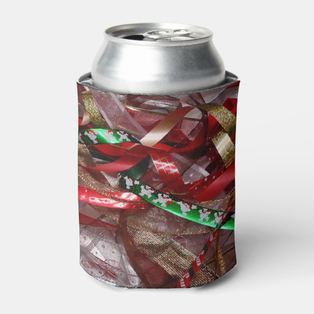 Christmas Ribbons Red Green and Gold Holiday Can Cooler (Can Front)