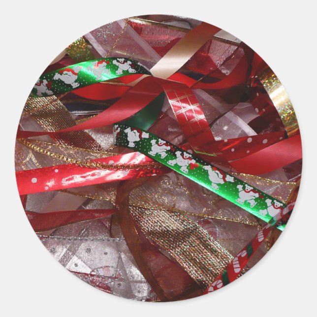 Christmas Ribbons Red Green and Gold Holiday Classic Round Sticker (Front)