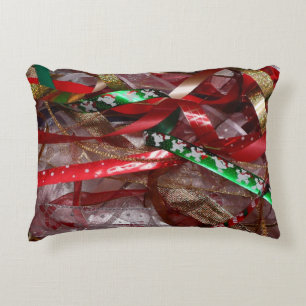 Christmas Ribbons Red Green and Gold Holiday Decorative Cushion