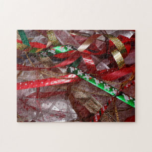 Christmas Ribbons Red Green and Gold Holiday Jigsaw Puzzle