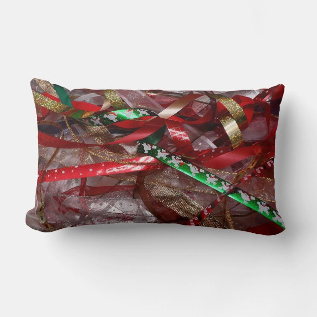 Christmas Ribbons Red Green and Gold Holiday Lumbar Cushion (Front)