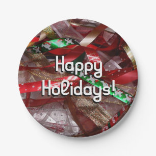 Christmas Ribbons Red Green and Gold Holiday Paper Plate