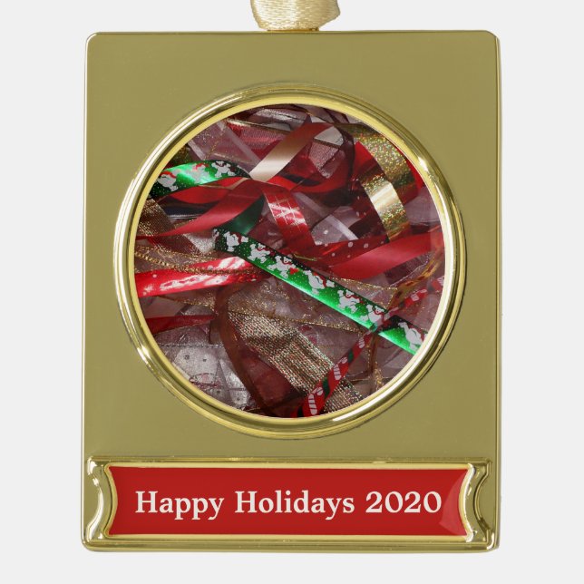 Christmas Ribbons Red Green and Gold Holiday Plated Banner Ornament (Front)