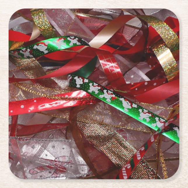 Christmas Ribbons Red Green and Gold Holiday Square Paper Coaster (Front)