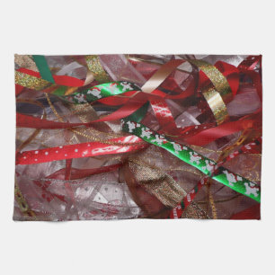Christmas Ribbons Red Green and Gold Holiday Tea Towel