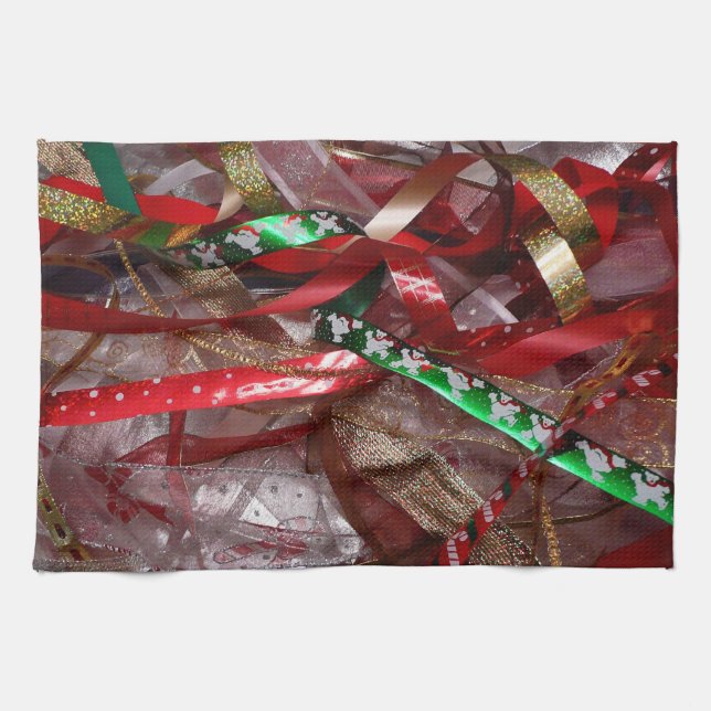 Christmas Ribbons Red Green and Gold Holiday Tea Towel (Horizontal)