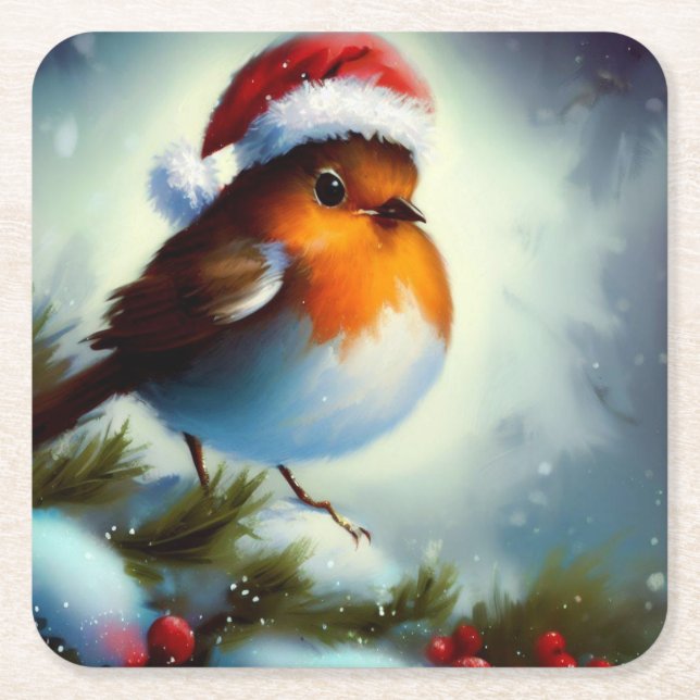Christmas Robin 3 Square Paper Coaster (Front)
