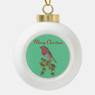 Christmas Robin and ivy leaves illustration Ceramic Ball Christmas Ornament