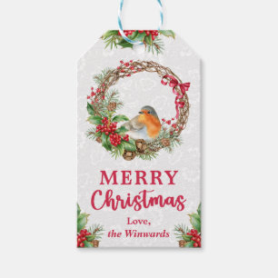 Christmas Robin and Winter Berries Wreath Gift Tags