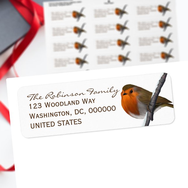 Christmas Robin Bird Holiday Return Address Labels (A festive winter robin sat on a snowy branch with space for your return address)