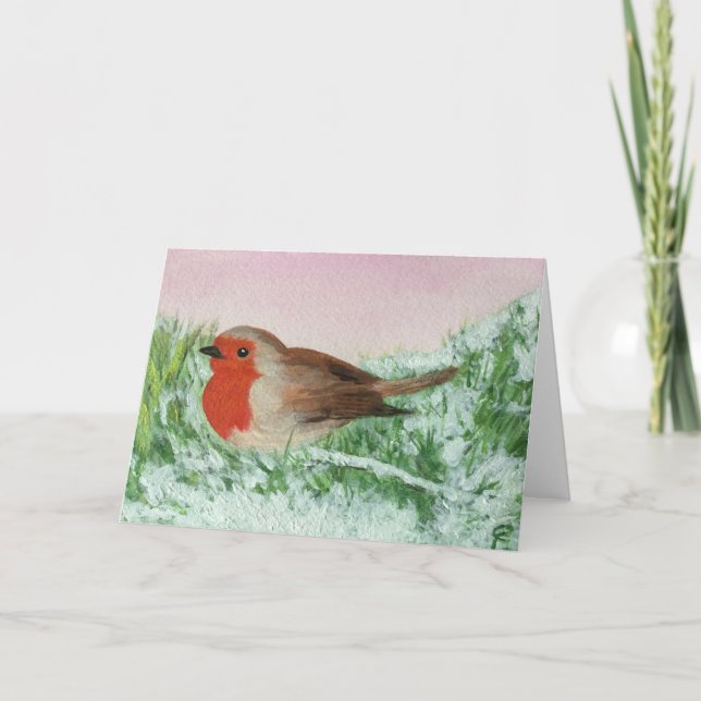 Christmas Robin Hand Painted Holiday Card (Front)