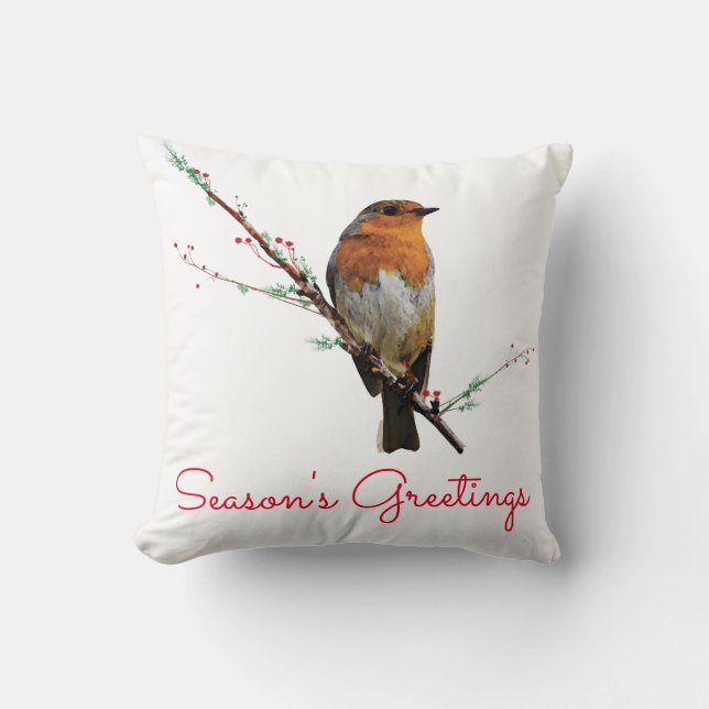 Christmas Robin on Tree Branch Cushion (Front)