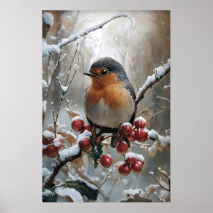 Christmas Robin Print, Vintage Winter Bird Art Poster